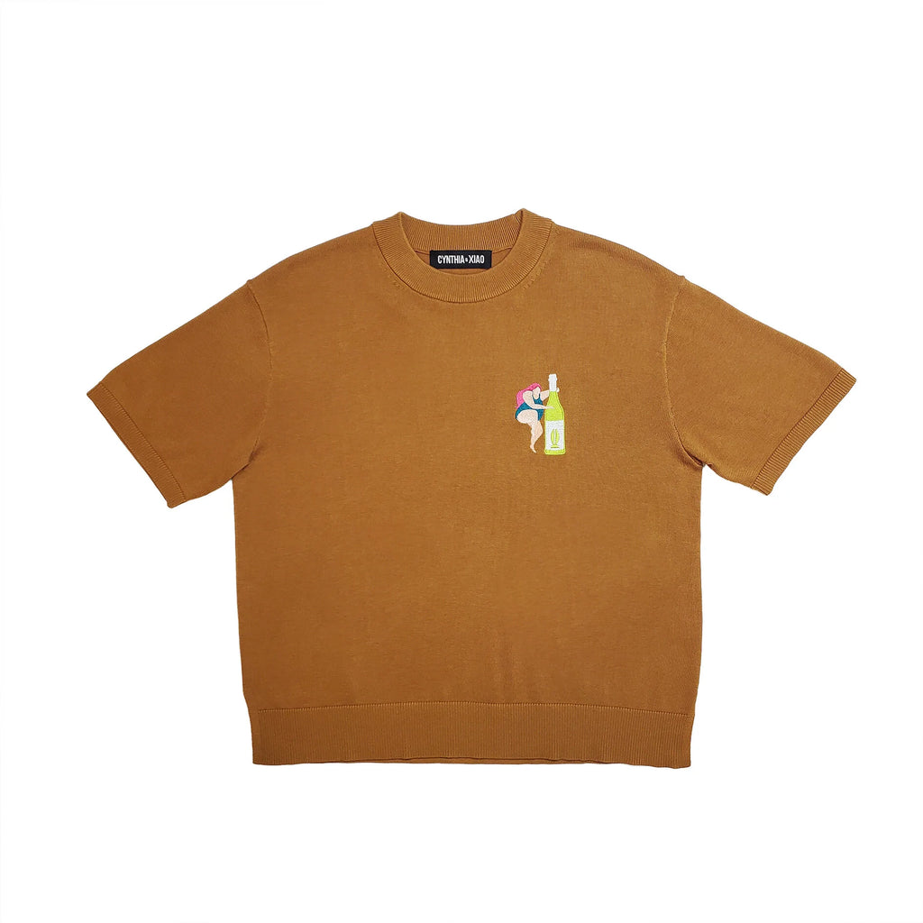 CHEERS & DANCE EMBROIDERED BREZZY KNIT TOP (BROWN)