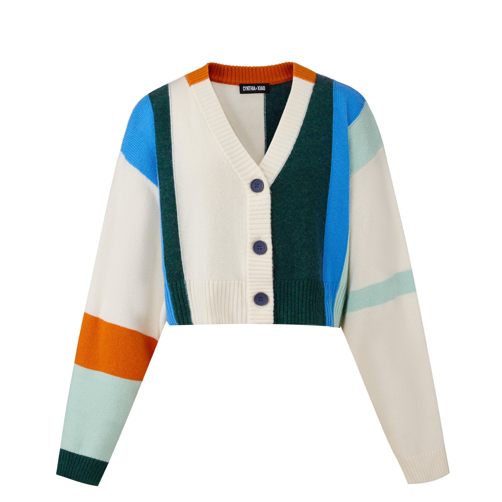 WHITE BOLD STRIPE CROP CASHMERE CARDIGAN