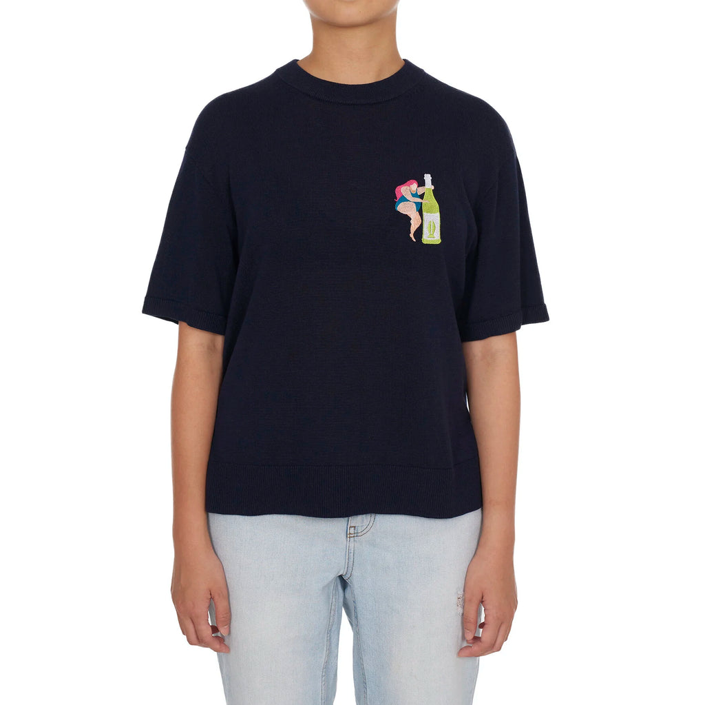 CHEERS & DANCE EMBROIDERED BREEZY KNIT TOP (NAVY)