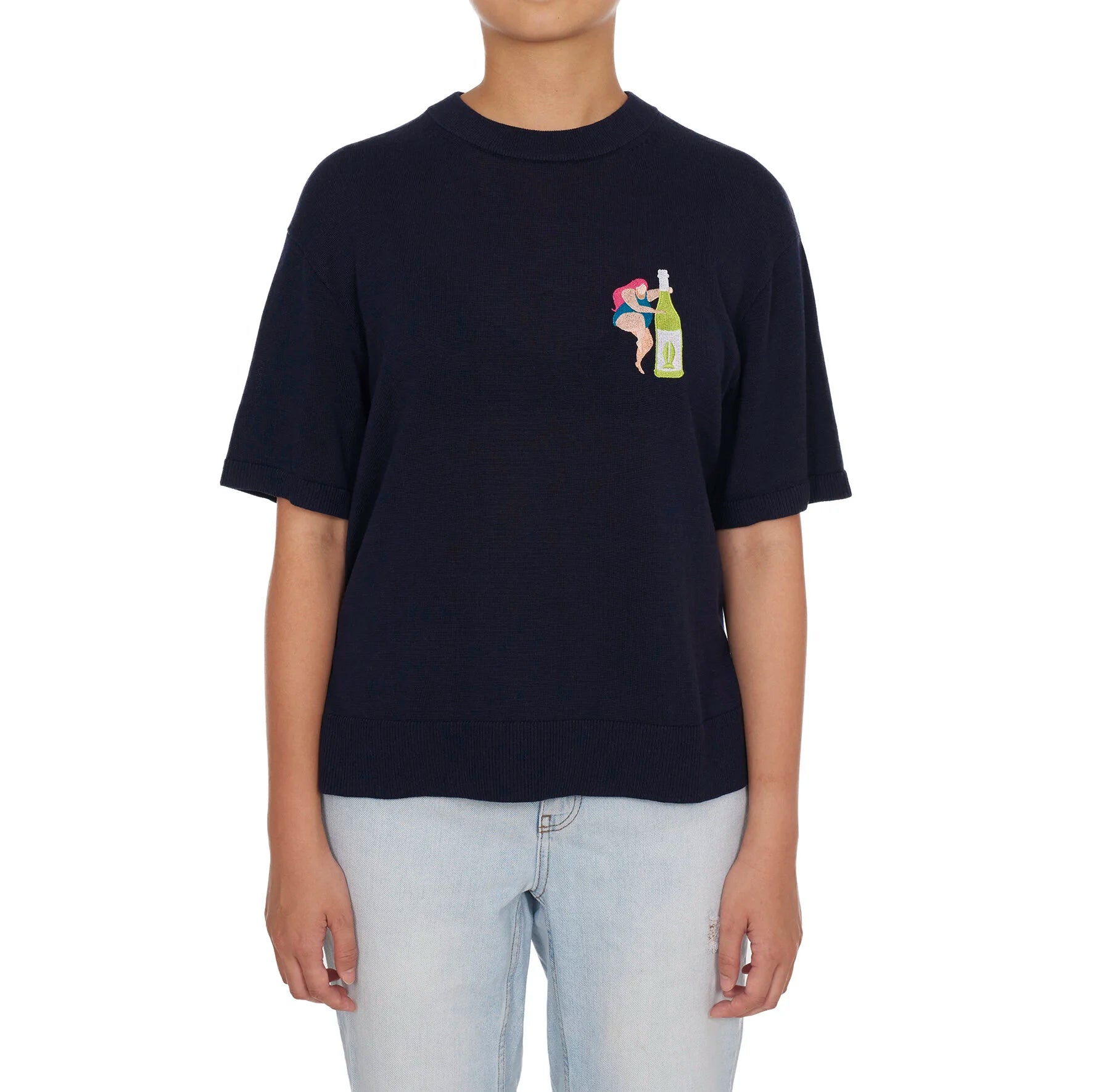 CHEERS & DANCE EMBROIDERED BREEZY KNIT TOP (NAVY)