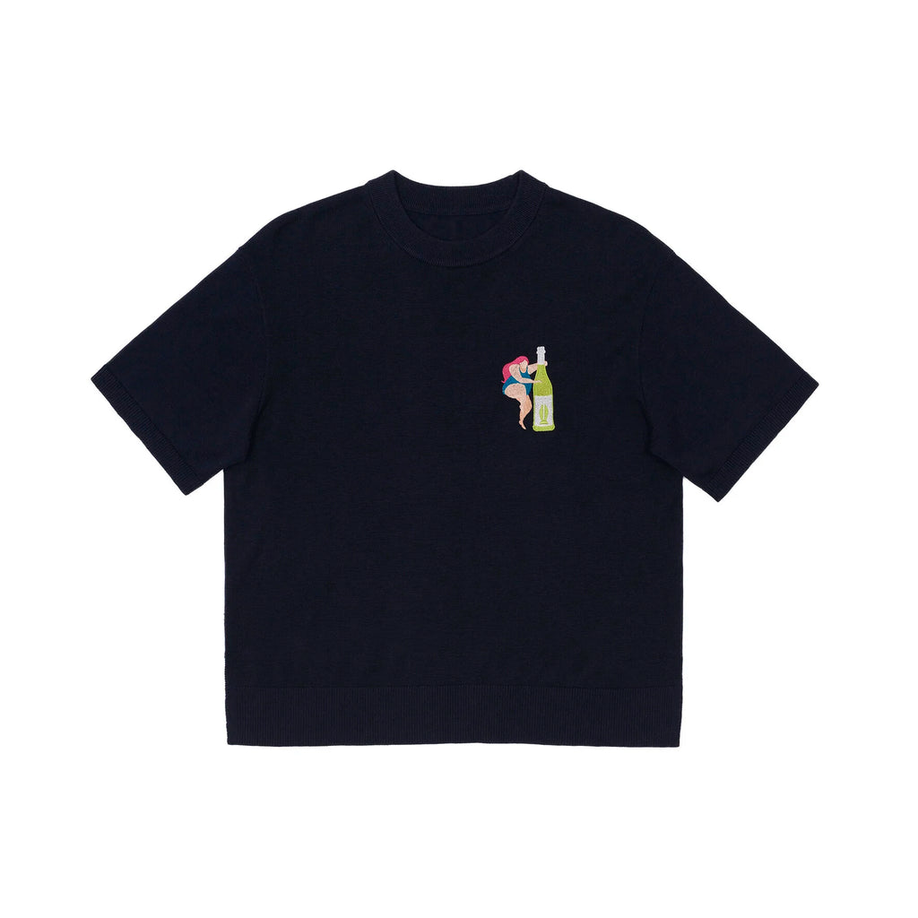 CHEERS & DANCE EMBROIDERED BREEZY KNIT TOP (NAVY)