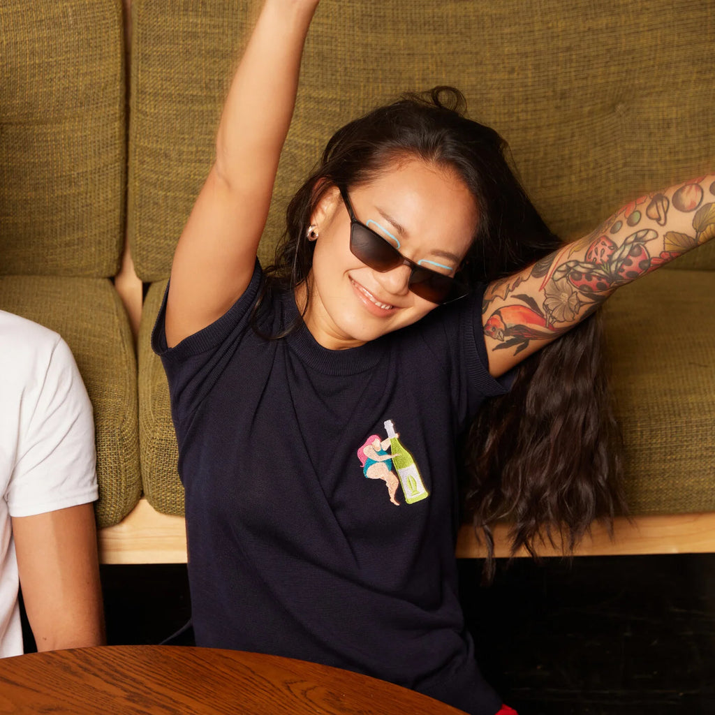 CHEERS & DANCE EMBROIDERED BREEZY KNIT TOP (NAVY)
